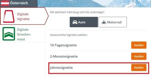 ASFINAG Mautshop Produktauswahl