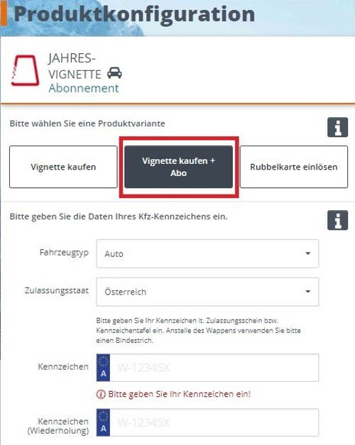 ASFINAG Mautshop Produktkonfiguration Variante Vignette kaufen + Abo