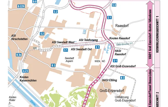 Streckengrafik S 1 zwischen Süßenbrunn und Knoten Schwechat