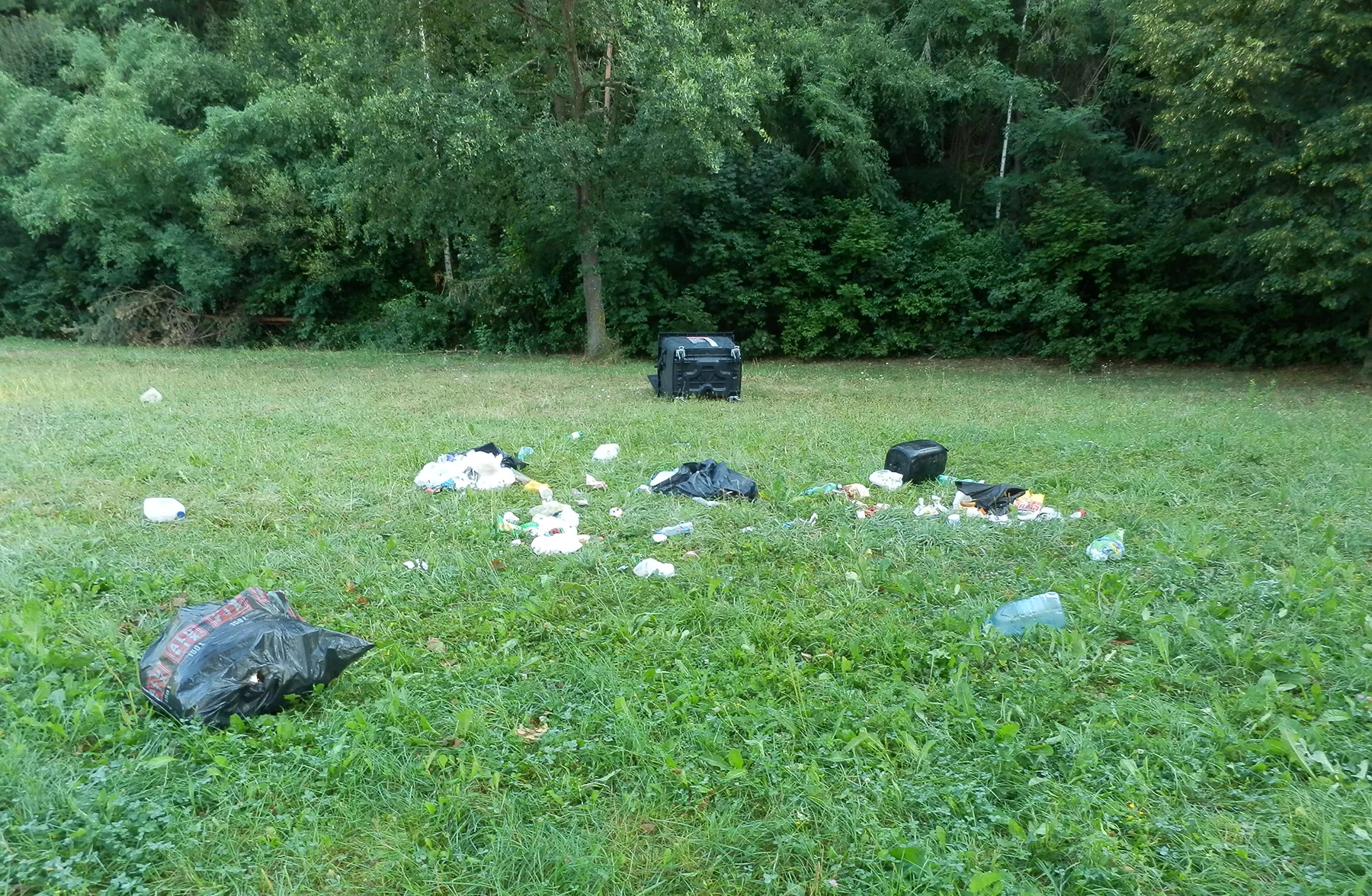 Eine Menge Müll liegt auf einer Wiese neben einem Rastplatz