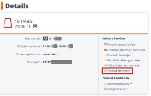 ASFINAG Mautshop Produkt stornieren