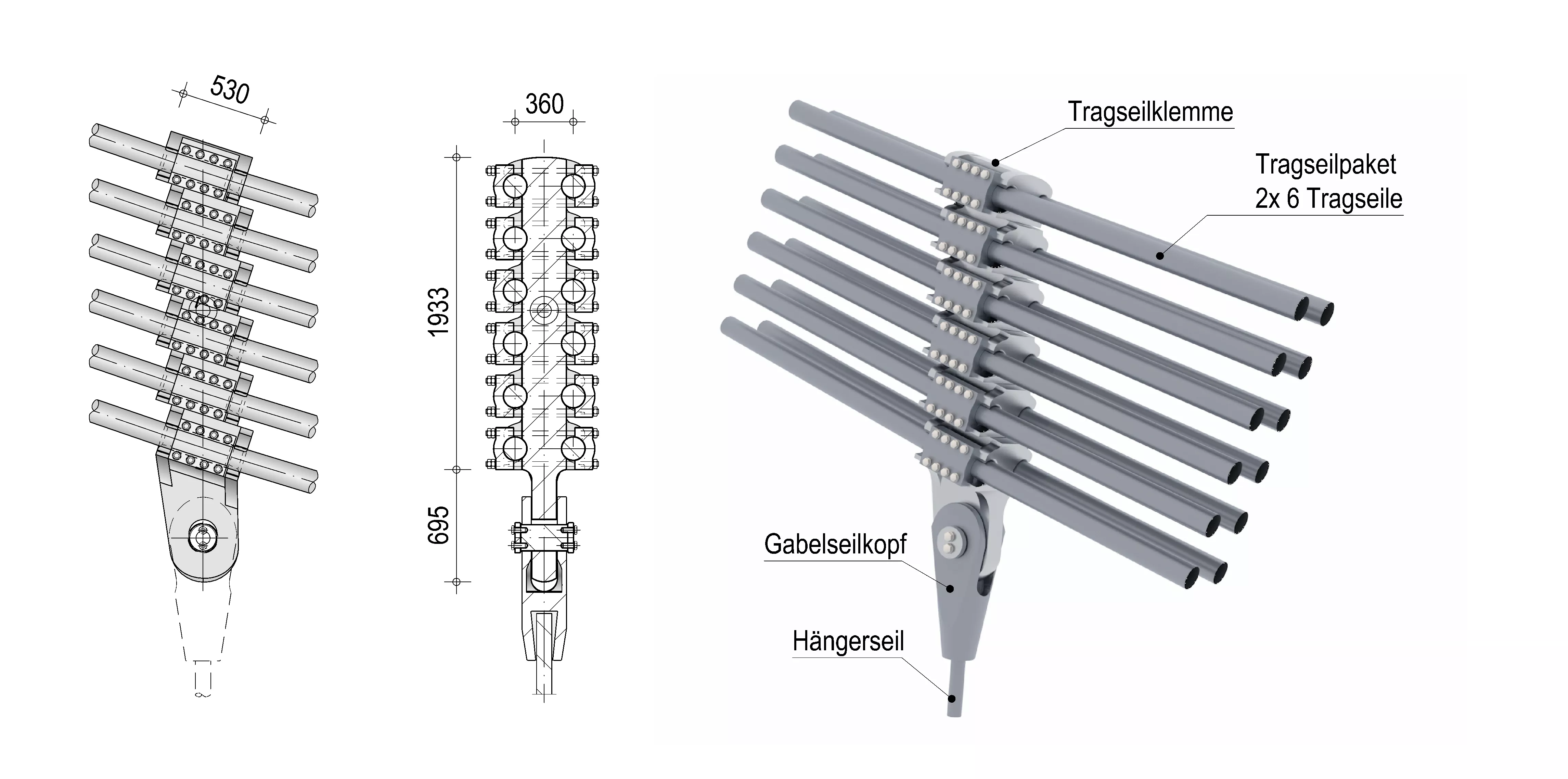 Detailskizze der Tragseilpakete mit (vertikalem) Hängeranschluss (Grafik: Schlaich Bergermann Partner)