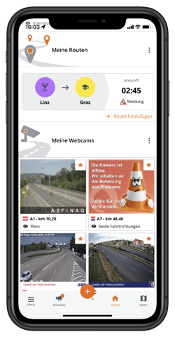 Homescreen 3 Route und Webcam-Favoriten