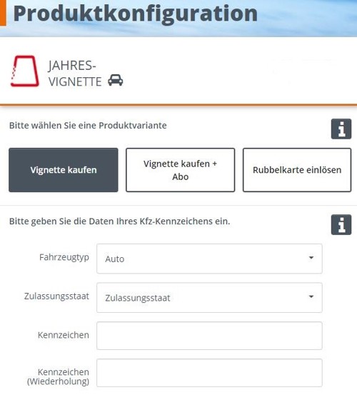 ASFINAG Mautshop Produktkonfiguration Variante "Vignette kaufen"