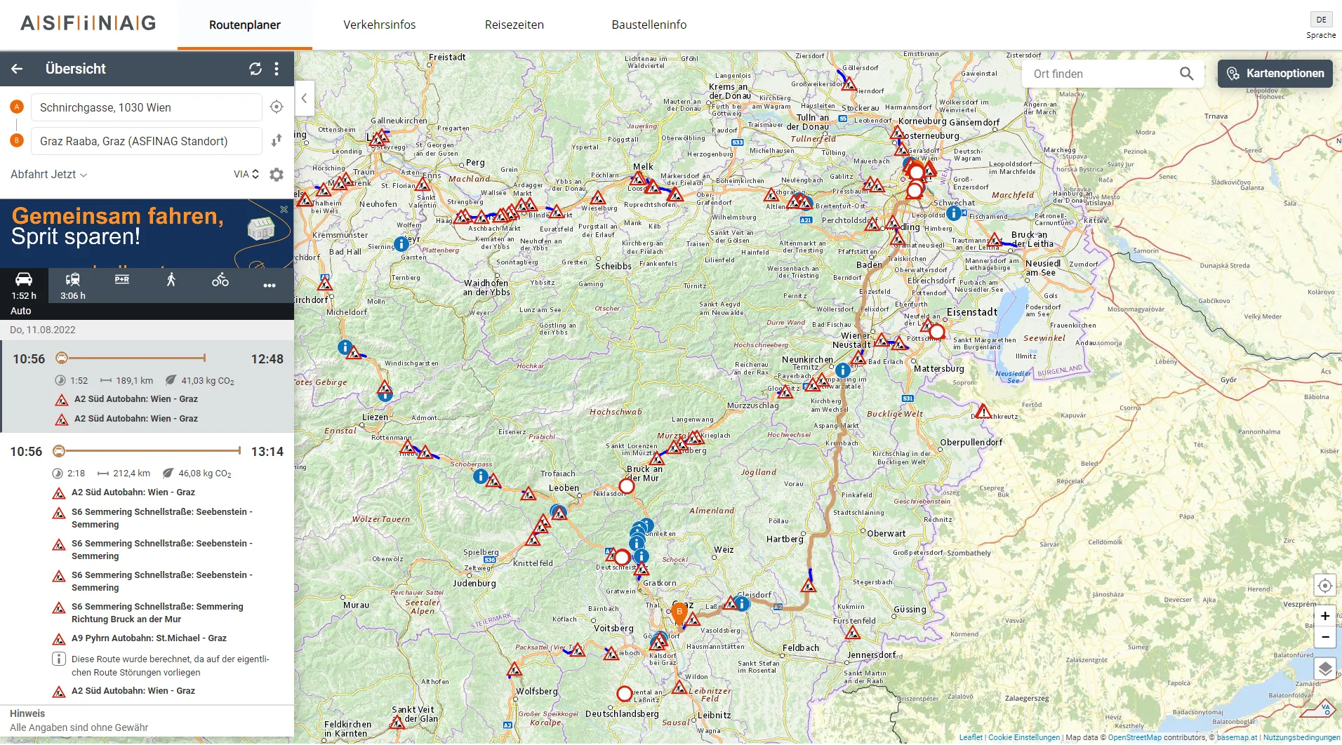 Karte mit eingezeichneter Route von Wien nach Graz