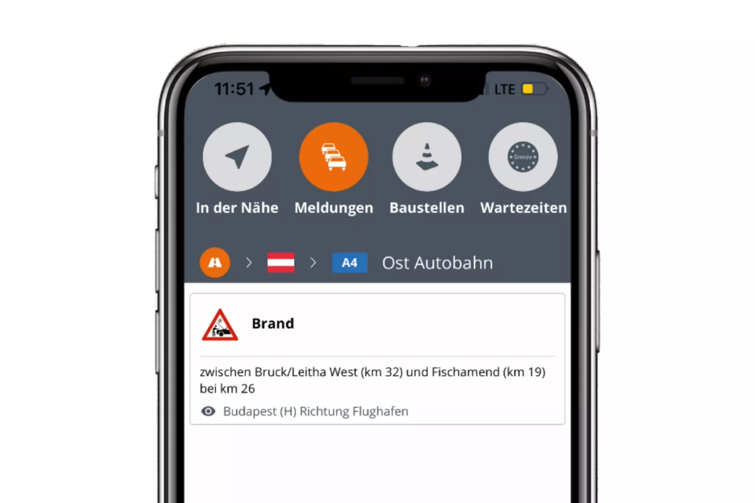 Screenshot der ASFINAG-App mit Verkehrsmeldung