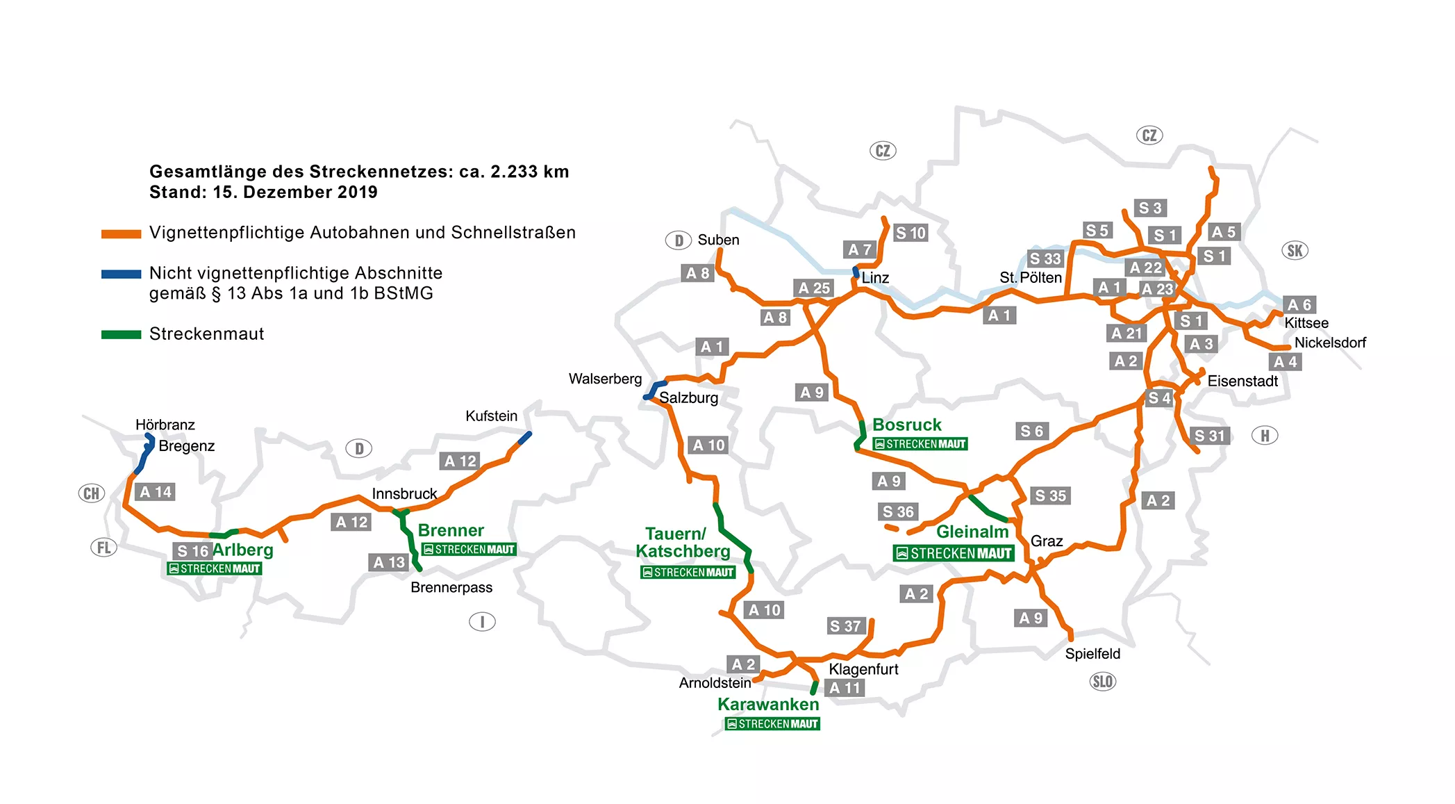 Asfinag Streckennetz mit Mautausnahmen (Stand: 2019)